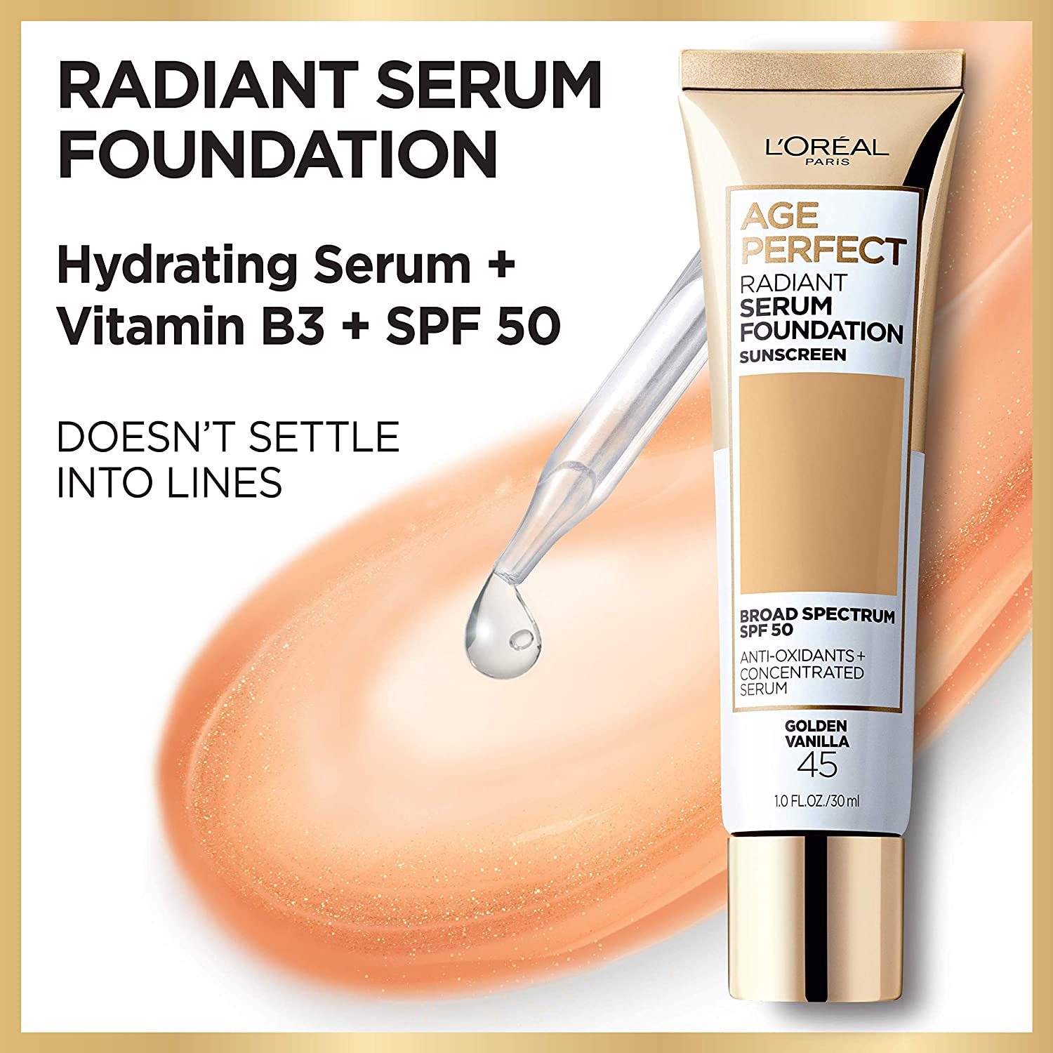 L'OREAL Age Perfect Radiant Serum Foundation with SPF 50, Soft Sable 105