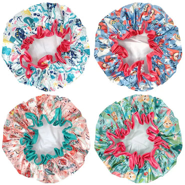 Wrapables Double Layer Waterproof Shower Caps, Dots, Llamas & Ocean Fun (Set of 4)