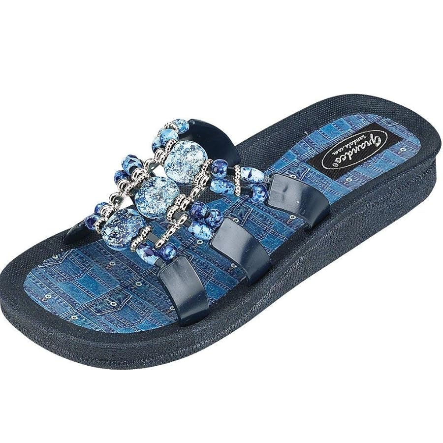 Grandco Sandals Women's Denim Slide Jeweled Beaded Flip Flops, Blue