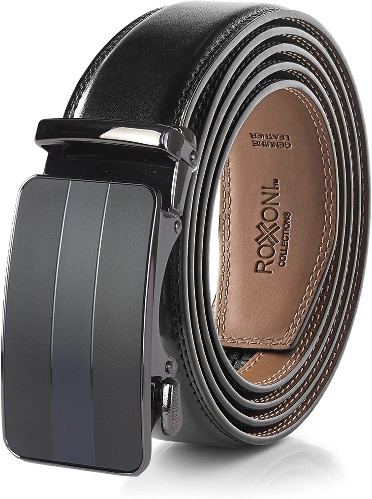 Roxoni Men's Ultra Soft Geniune Leather Rachet Rectangular Prism Dress Belt, Triple Inlay Buckle