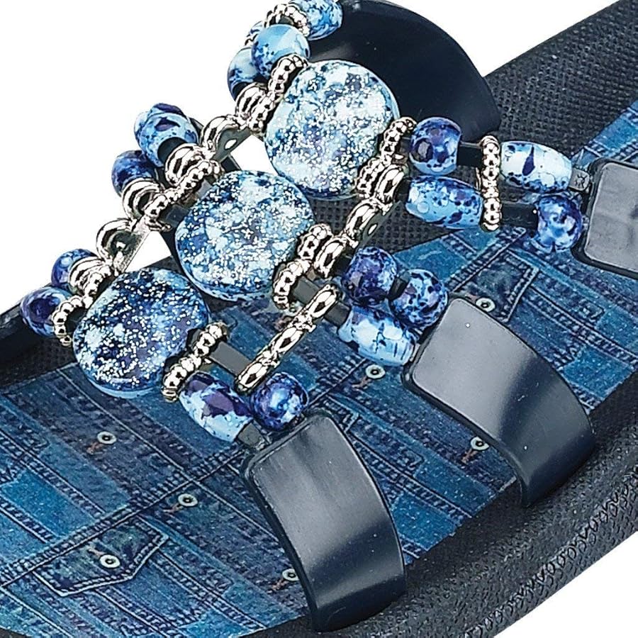Grandco Sandals Women's Denim Slide Jeweled Beaded Flip Flops, Blue