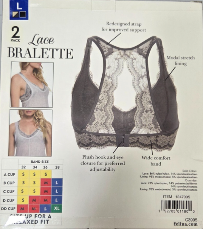 Felina Ladies Lace Bralette Gray/Black (2-pack)