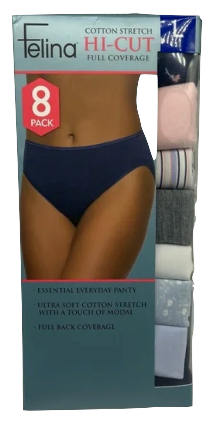 Felina Cotton Full Coverage Hi Cut - Assorted Colors (8-Pack)