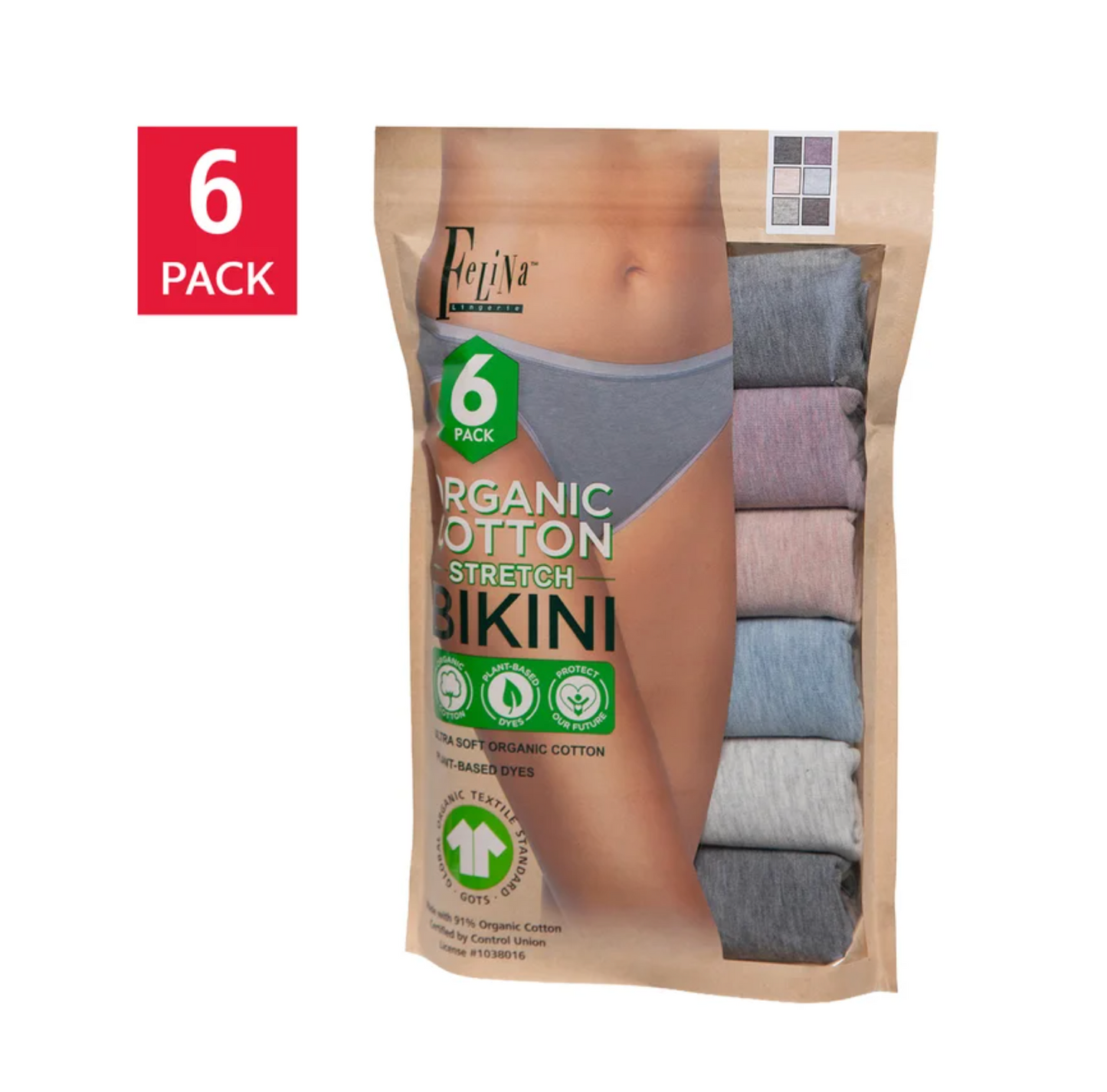 Felina Women's Organic Cotton Stretch Bikini, Assorted Colors (6-Pack)