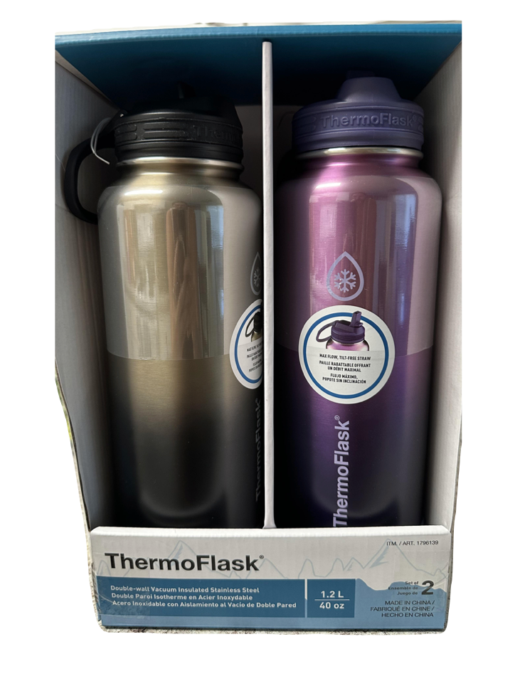 ThermoFlask Stainless Steel Water Bottle, 40oz, Assorted Colors (2-pack)