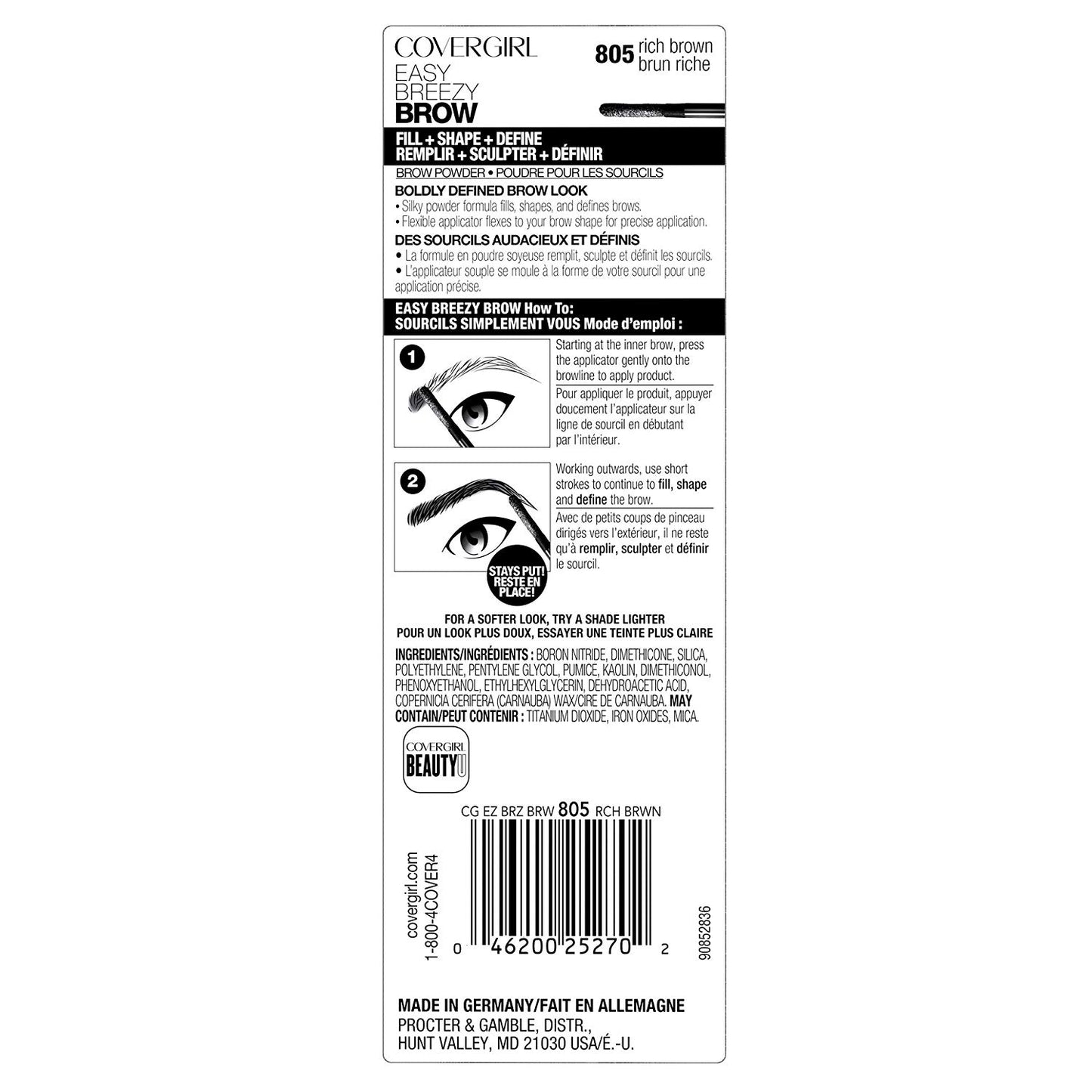 CoverGirl Easy Breezy Brow Fill Plus Shape Define Eyebrow Powder, 805 Rich Brown - ADDROS.COM