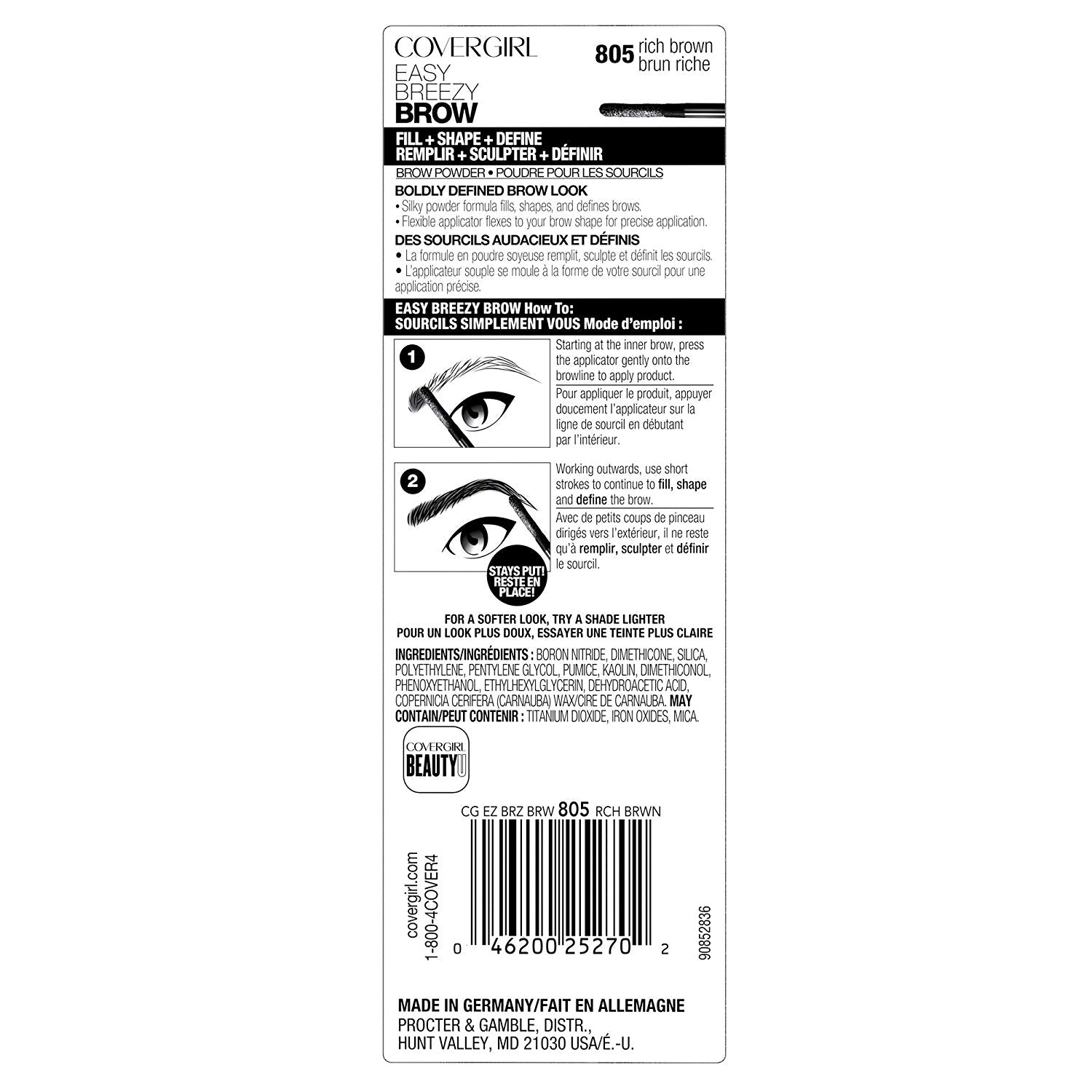 CoverGirl Easy Breezy Brow Fill Plus Shape Define Eyebrow Powder, 805 Rich Brown - ADDROS.COM