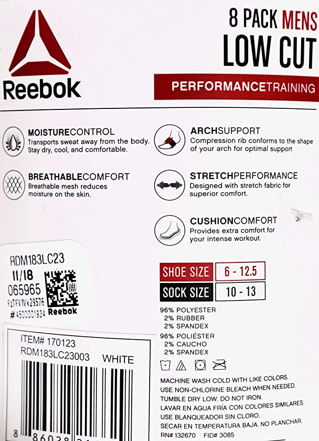 Reebok Men's Low-Cut Socks Performance Training 8 Pairs, Size 10-13 (White)
