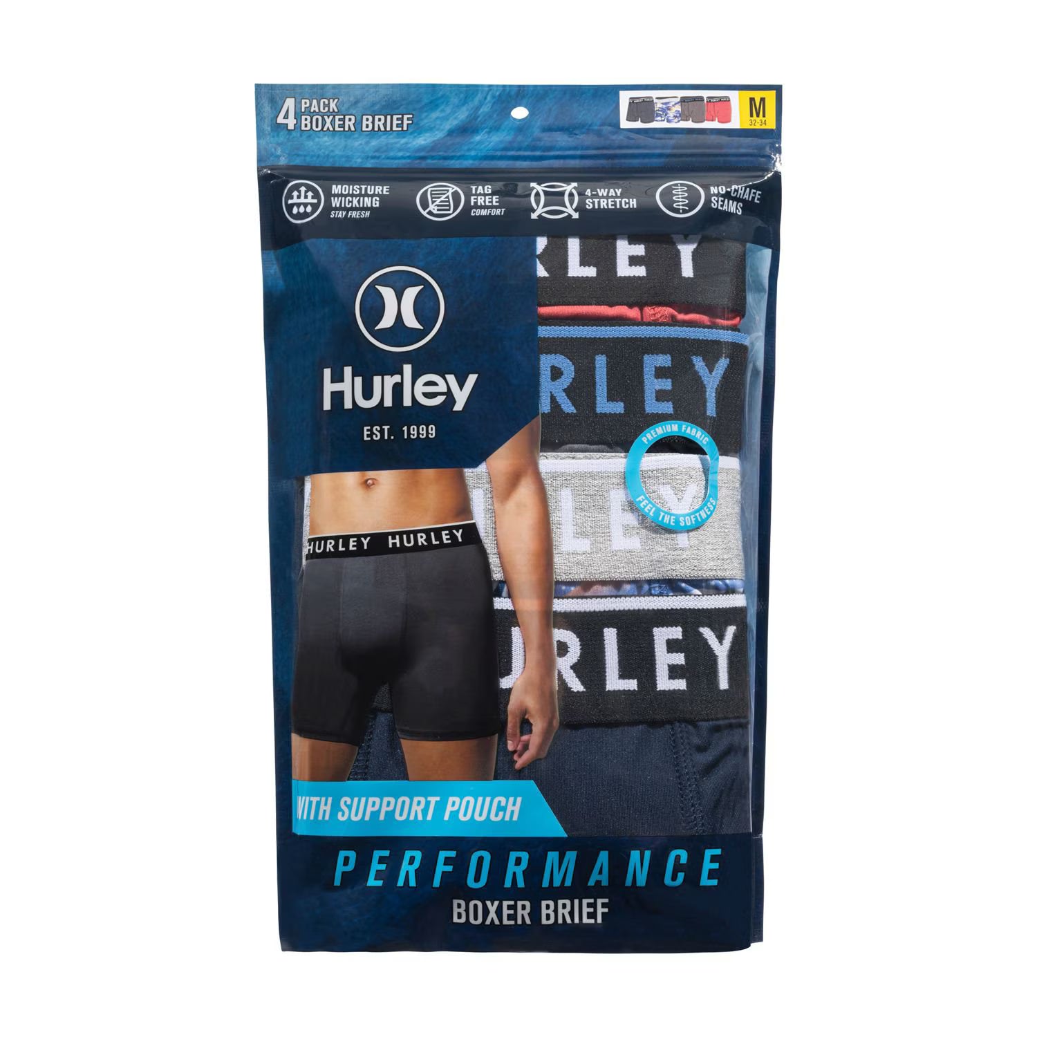 Hurley Men's Boxer Brief, Assorted Colors (4-Pack)