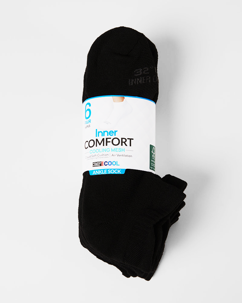 32 Degrees Men's,  Cool Comfort Ankle Running Socks, Black (6-Pack)