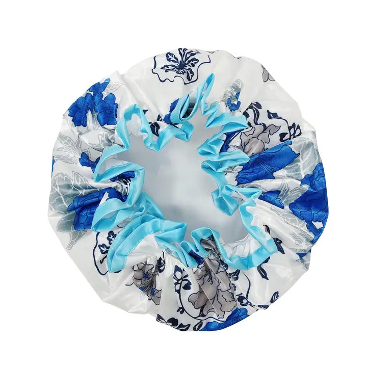 Wrapables Reusable Women's Waterproof Shower Caps, Blue Floral

