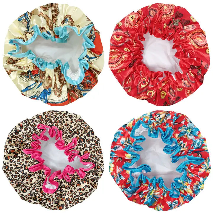Wrapables Double Layer Waterproof Shower Caps, Retro Floral (Set of 4)