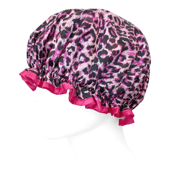 Wrapables Reusable Women's Waterproof Shower Caps, Pink Leopard
