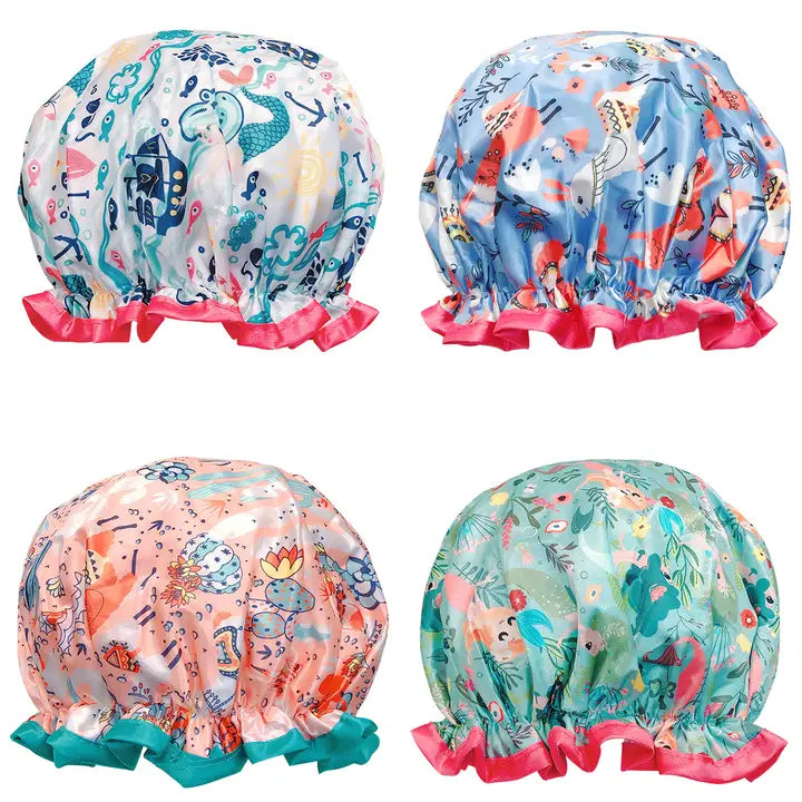Wrapables Double Layer Waterproof Shower Caps, Dots, Llamas & Ocean Fun (Set of 4)