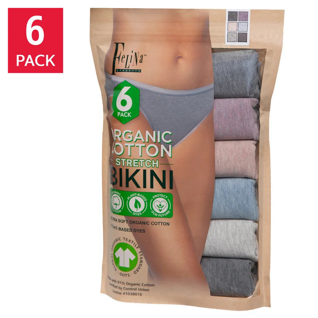 Felina Women's Organic Cotton Stretch Bikini, Assorted Colors (6-Pack)