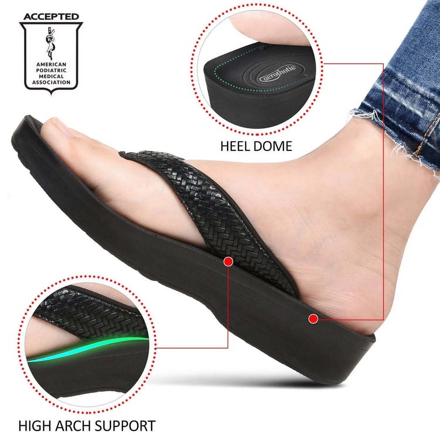 Aerothotic - Dune Women’s Arch Support Thong Flip Flop Sandals , Black