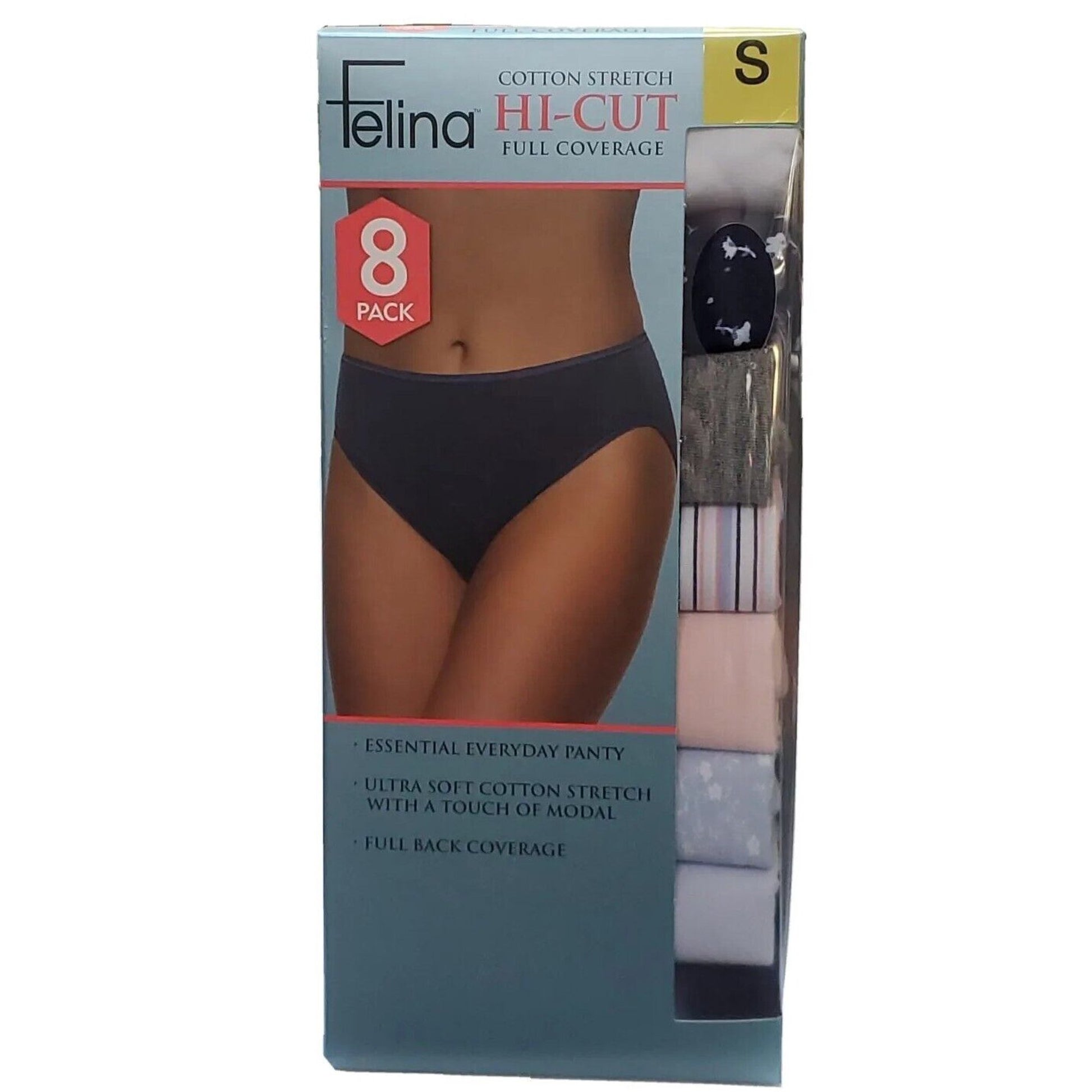 Felina Lingerie Womens 8 Pack Cotton Stretch Hi-Cut Full Coverage Panty