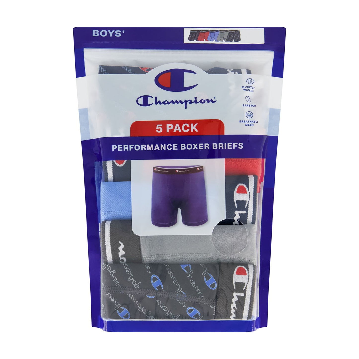 Champion Boys - Performance Boxer Brief, Dress Blues Logo (5-Pack)