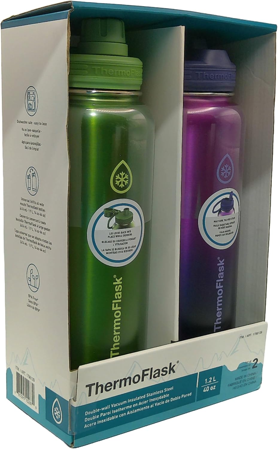 ThermoFlask 40oz Stainless Steel Water Bottle, 2-Pack