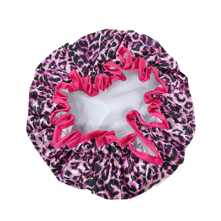 Wrapables Reusable Women's Waterproof Shower Caps, Pink Leopard
