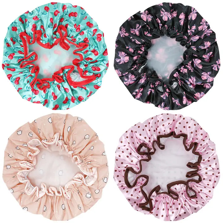 Wrapables Double Layer Waterproof Shower Caps, Dots, Cherries & Kitties (Set of 4)
