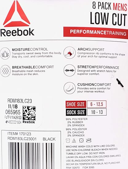 Reebok Men's Cushion Low Cut Socks (8 Pack) (170123)