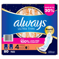Always Ultra Thin Overnight Pads with Wings, Size # 4 (80 count)