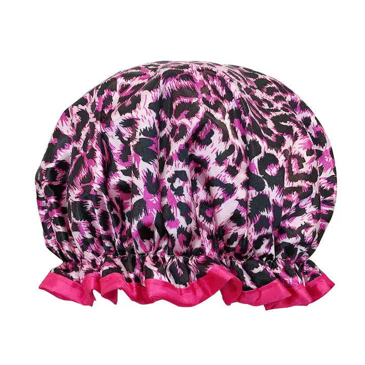 Wrapables Reusable Women's Waterproof Shower Caps, Pink Leopard
