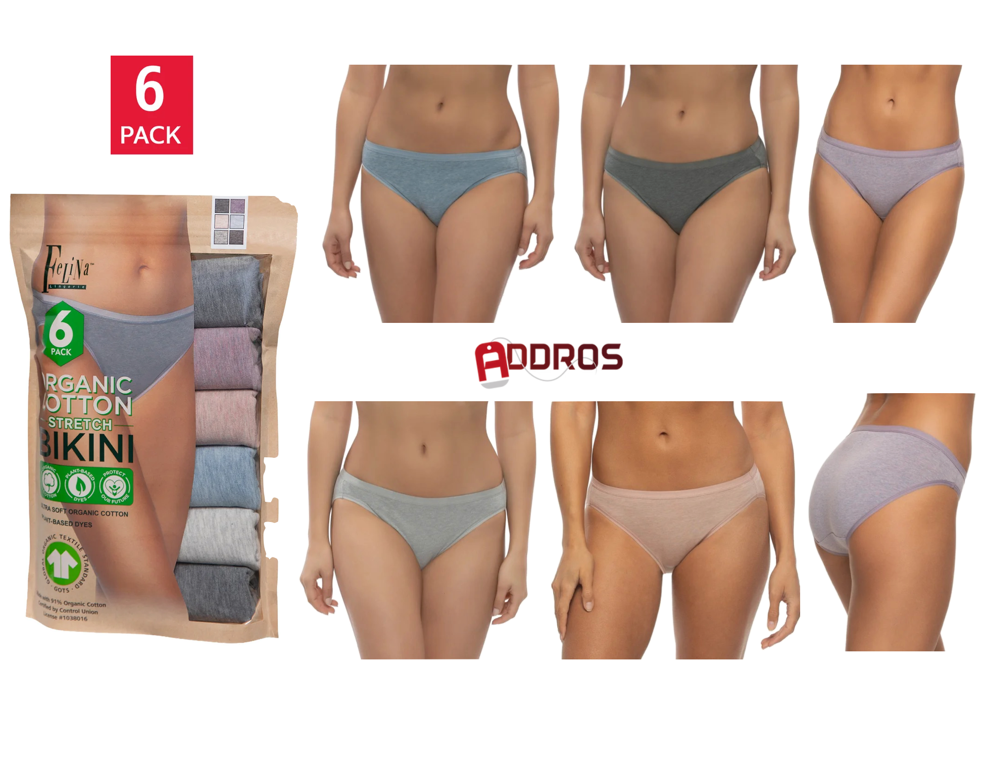 Felina Women's Organic Cotton Stretch Bikini, Assorted Colors (6-Pack)