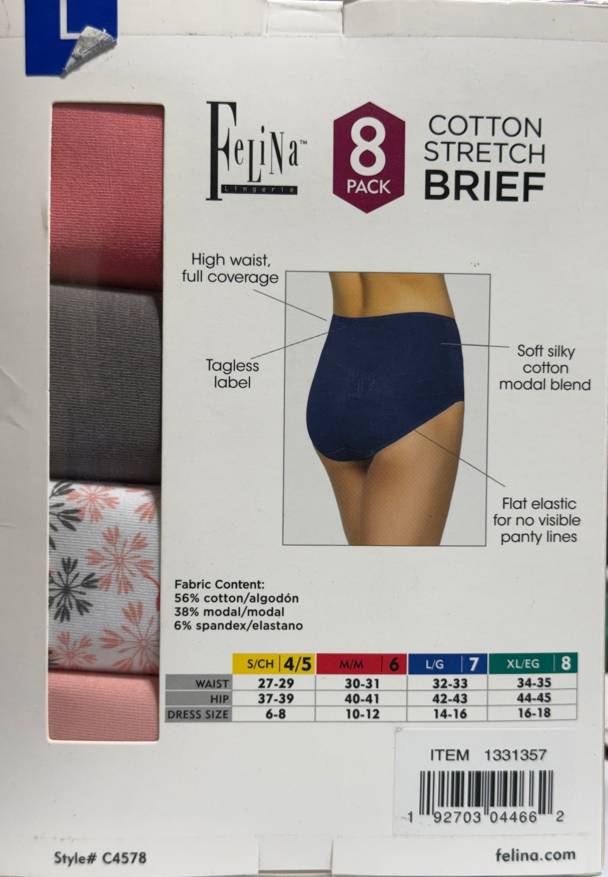 Felina Ladies' Cotton Stretch Brief, Assorted Colors (8-pack)