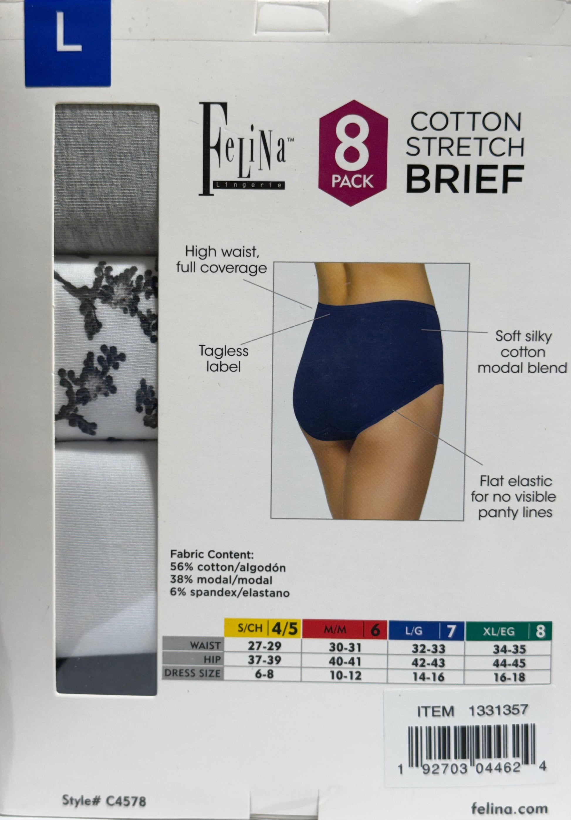 Felina Ladies' Cotton Stretch Brief, Assorted Colors (8-pack)