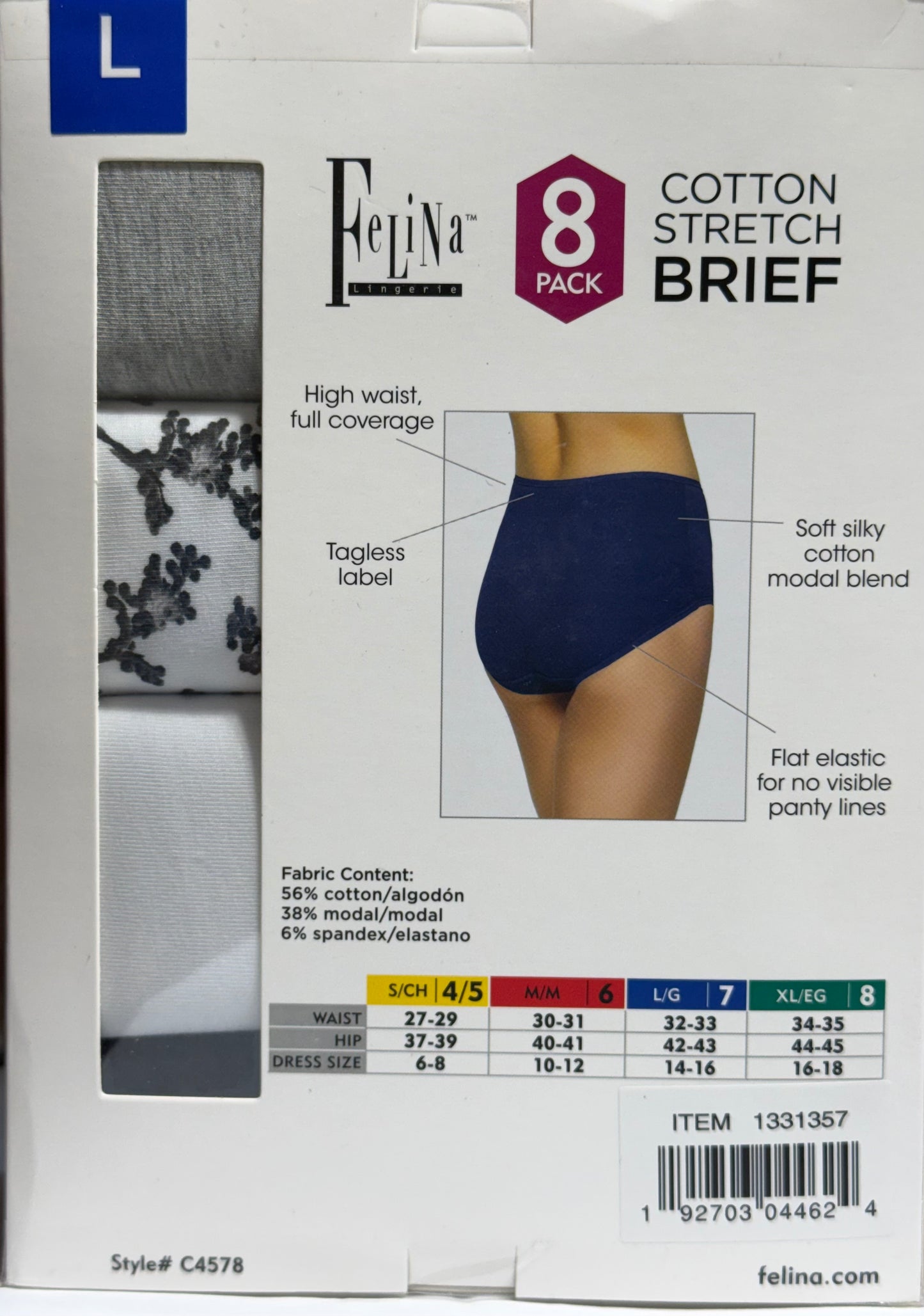 Felina Ladies' Cotton Stretch Brief, Assorted Colors (8-pack)