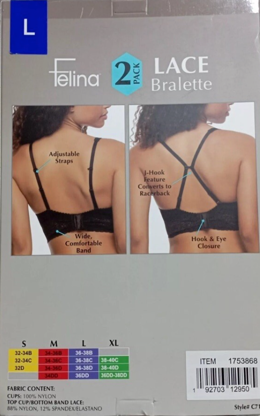 Felina Ladies Lace Bralette, Black/White (2-pack)