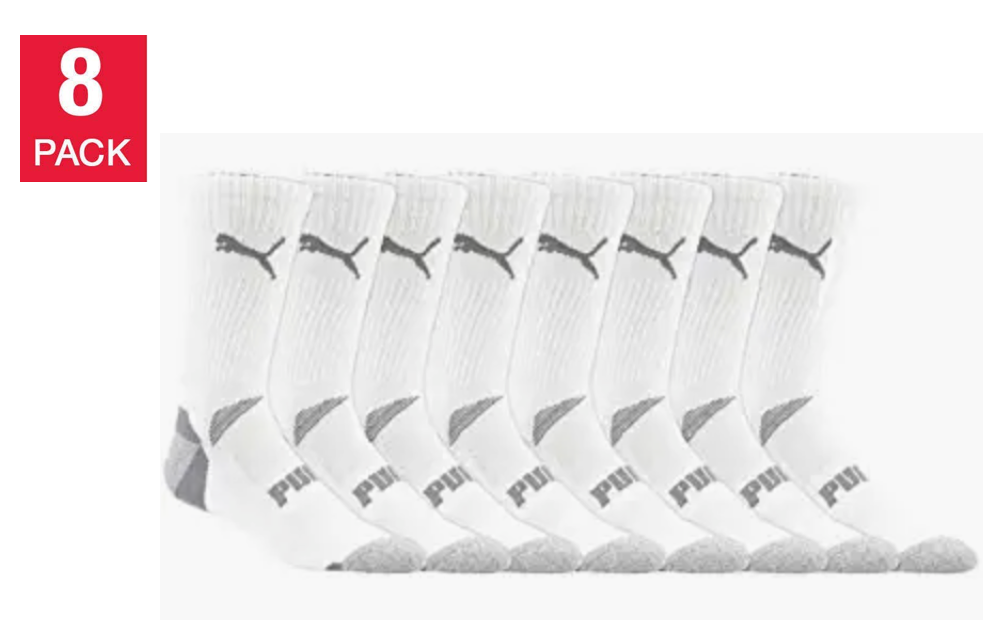 PUMA Mens Crew Socks Moisture Control, White/Grey (8-Pair)
