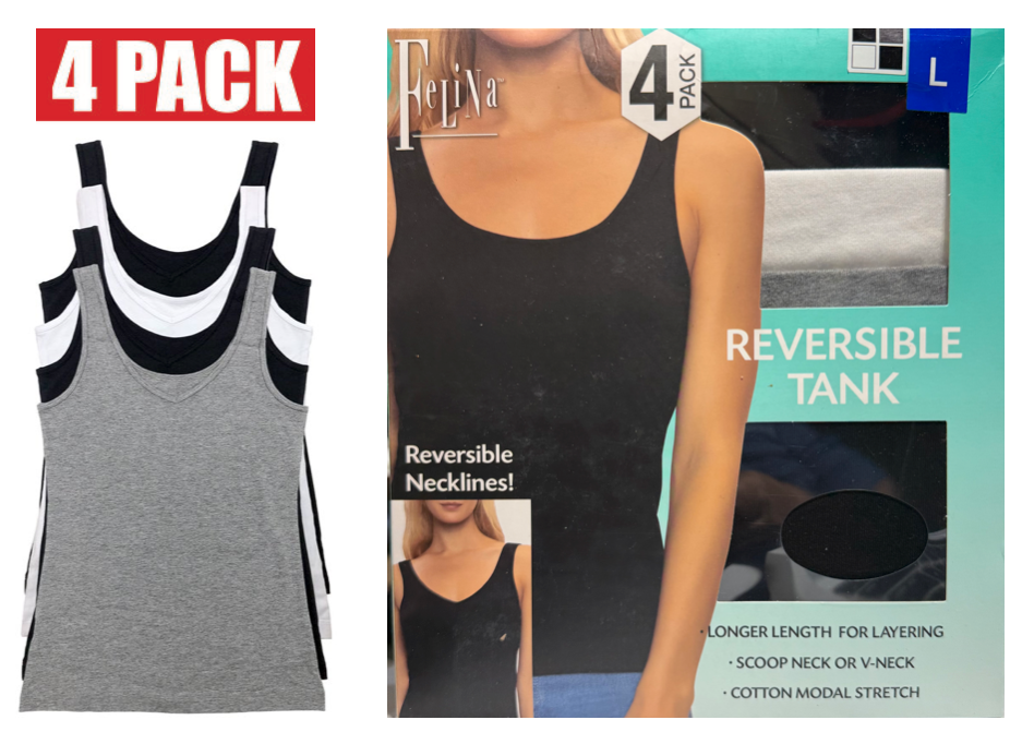 Felina Reversible Cotton Womens Tank Top | (4-Pack)