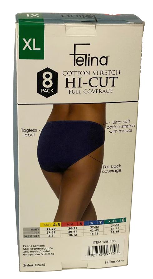 Felina Cotton Full Coverage Hi Cut - Assorted Colors (8-Pack)