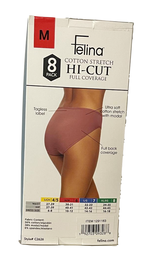 Felina Cotton Full Coverage Hi Cut - Assorted Colors (8-Pack)