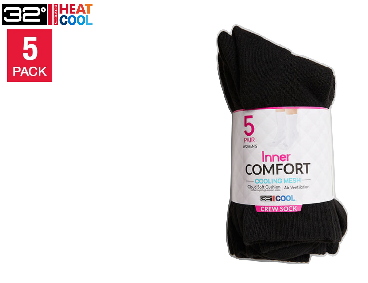 32 Degrees Women's Cool Comfort Crew Socks, Black (5-Pack)