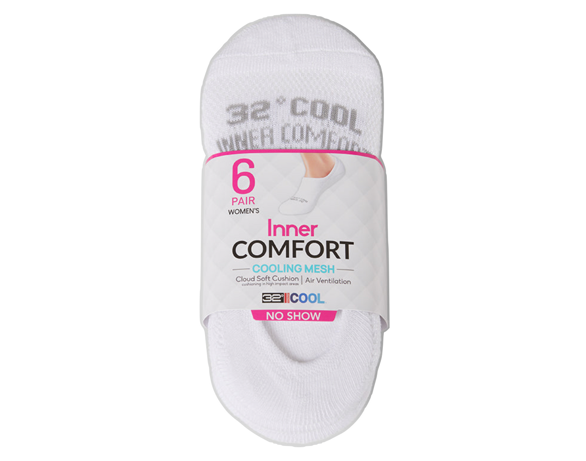 32 Degrees Women's Cool Comfort No-Show Socks, White (6-Pack)