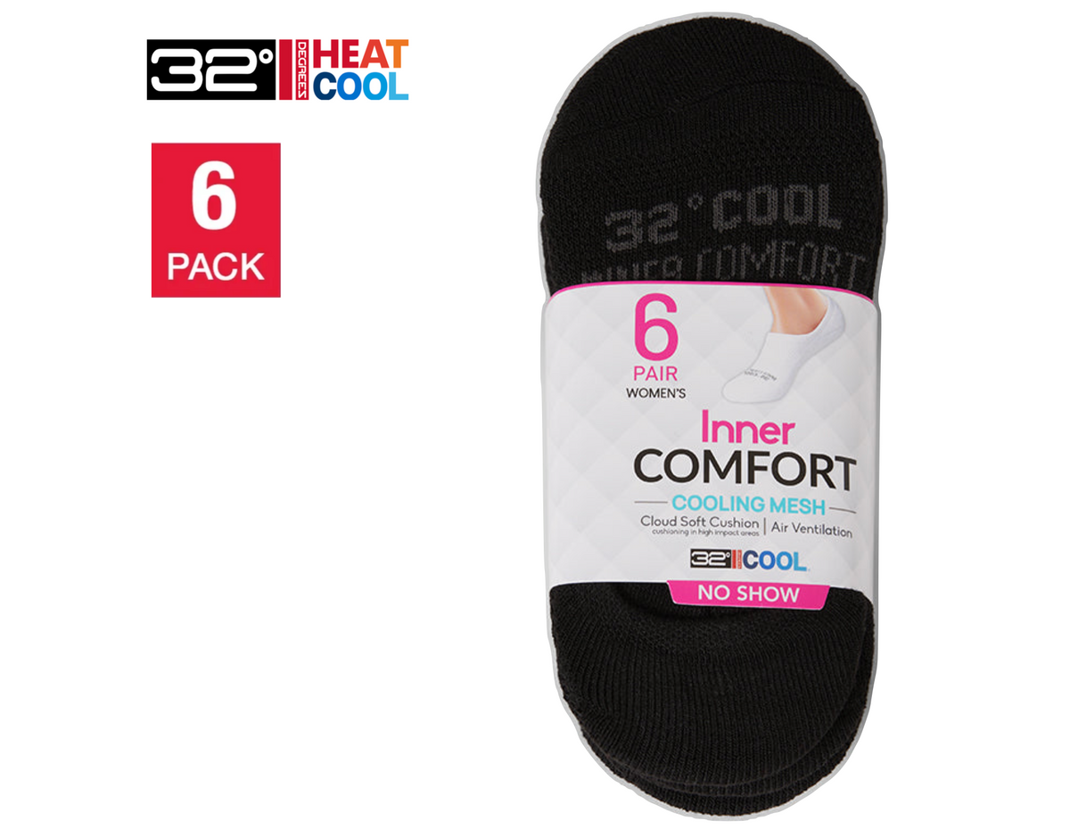 32 Degrees Women's Cool Comfort No-Show Socks, Black (6-Pack)