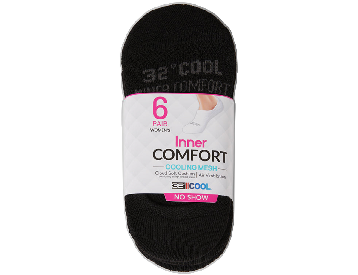 32 Degrees Women's Cool Comfort No-Show Socks, Black (6-Pack)