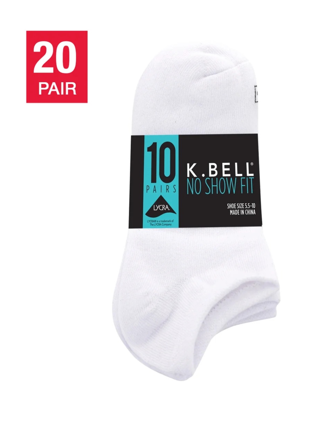 K Bell Women's No Show Sock - White (20-Pair)