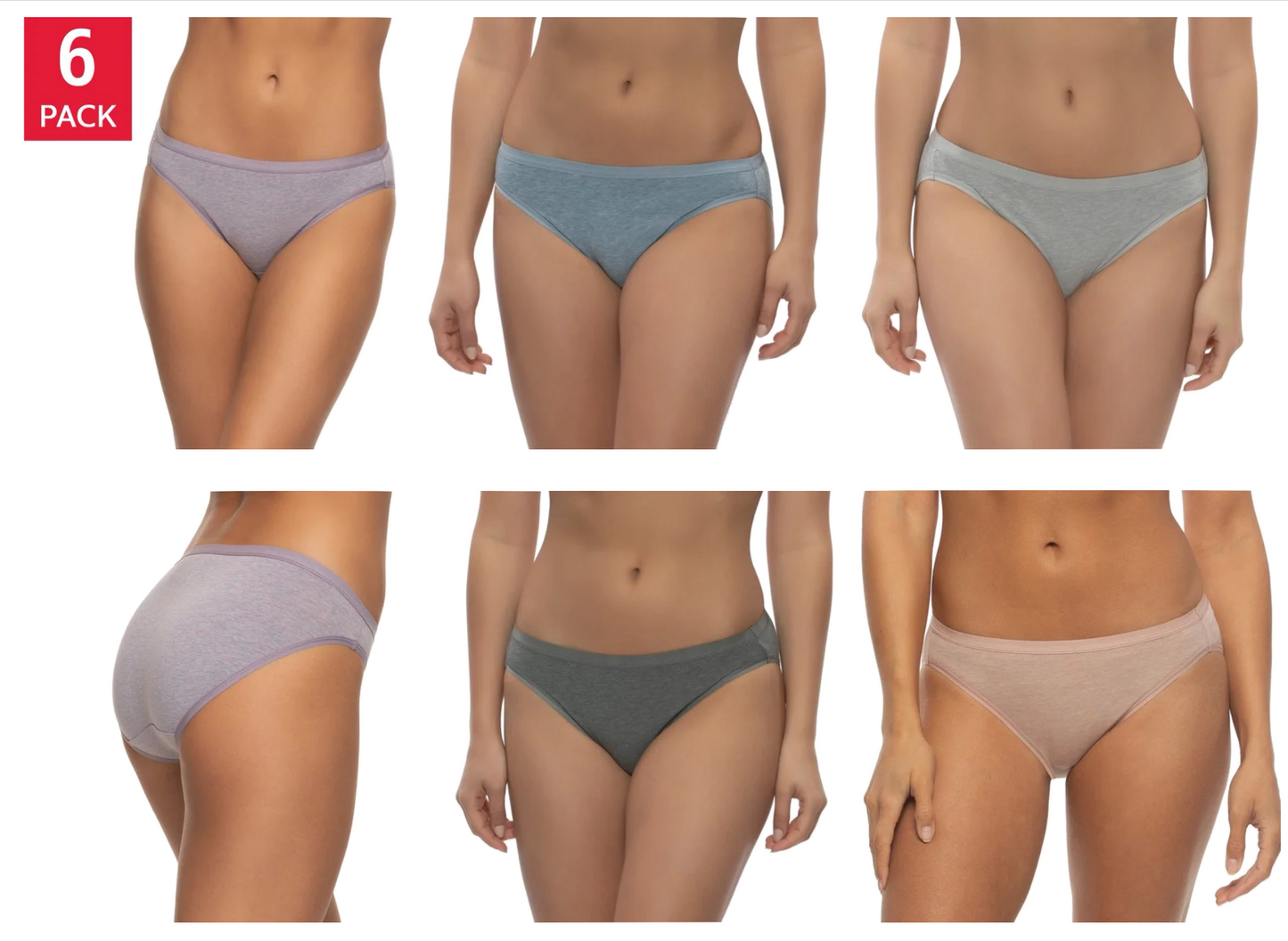 Felina Women's Organic Cotton Stretch Bikini, Assorted Colors (6-Pack)