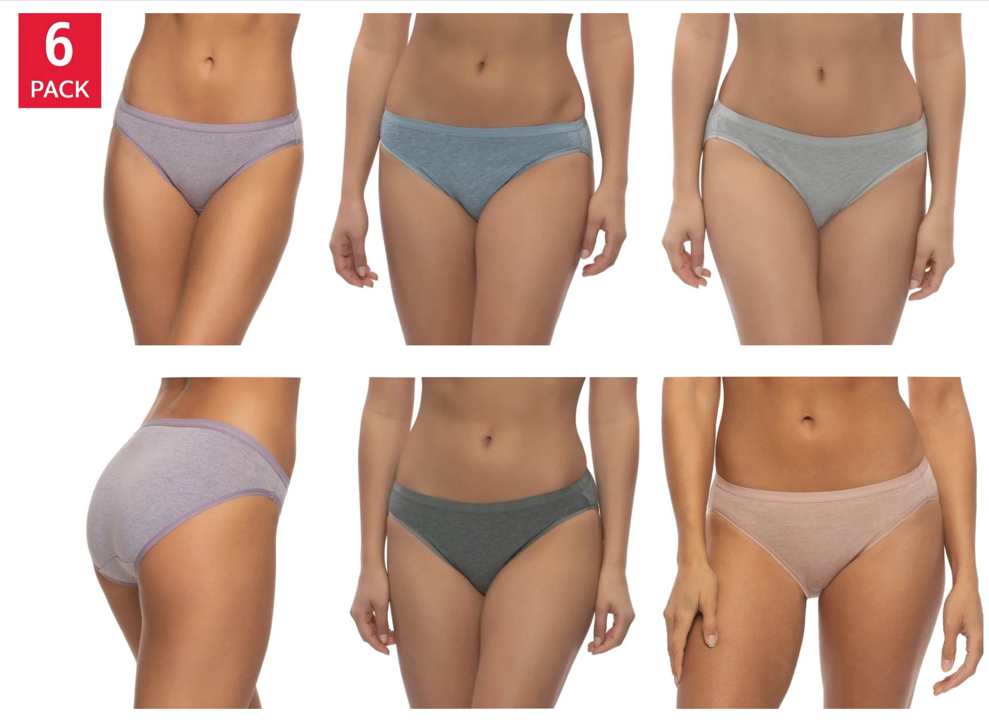 Felina Women's Organic Cotton Stretch Bikini, Assorted Colors (6-Pack)