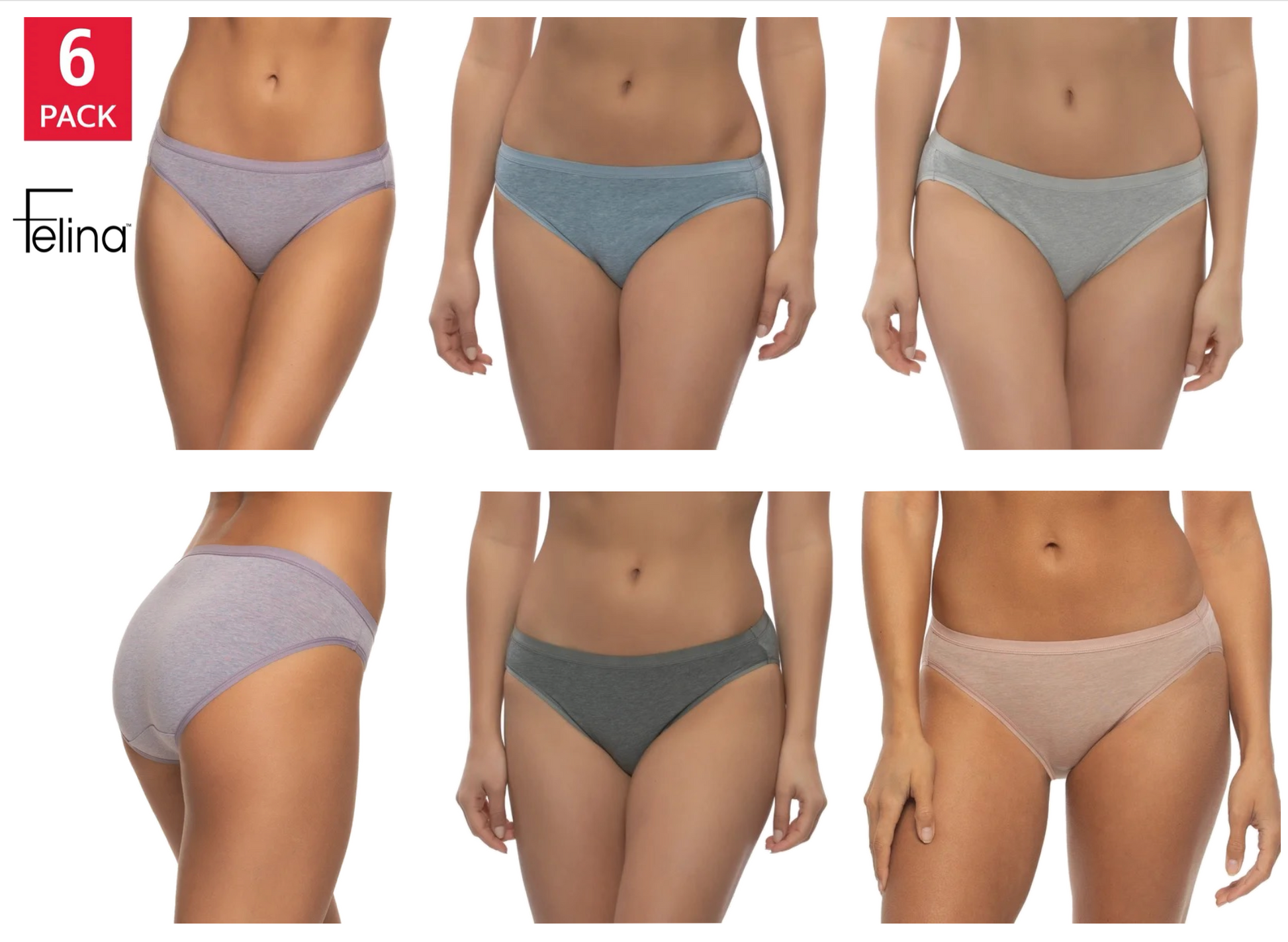 Felina Women's Organic Cotton Stretch Bikini, Assorted Colors (6-Pack)