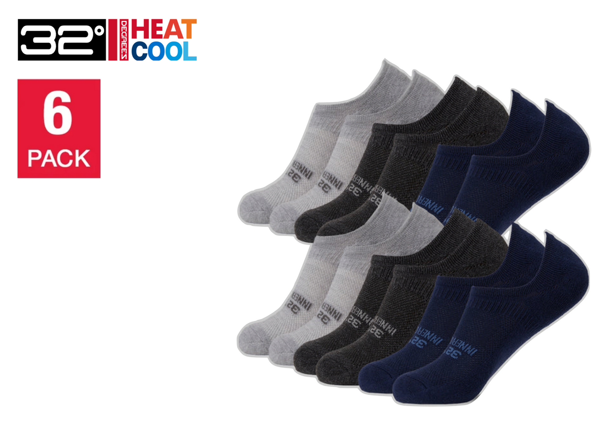 32 Degrees Men's Cool Comfort Socks, No Show, Grey/Black/Navy (6-Pack)