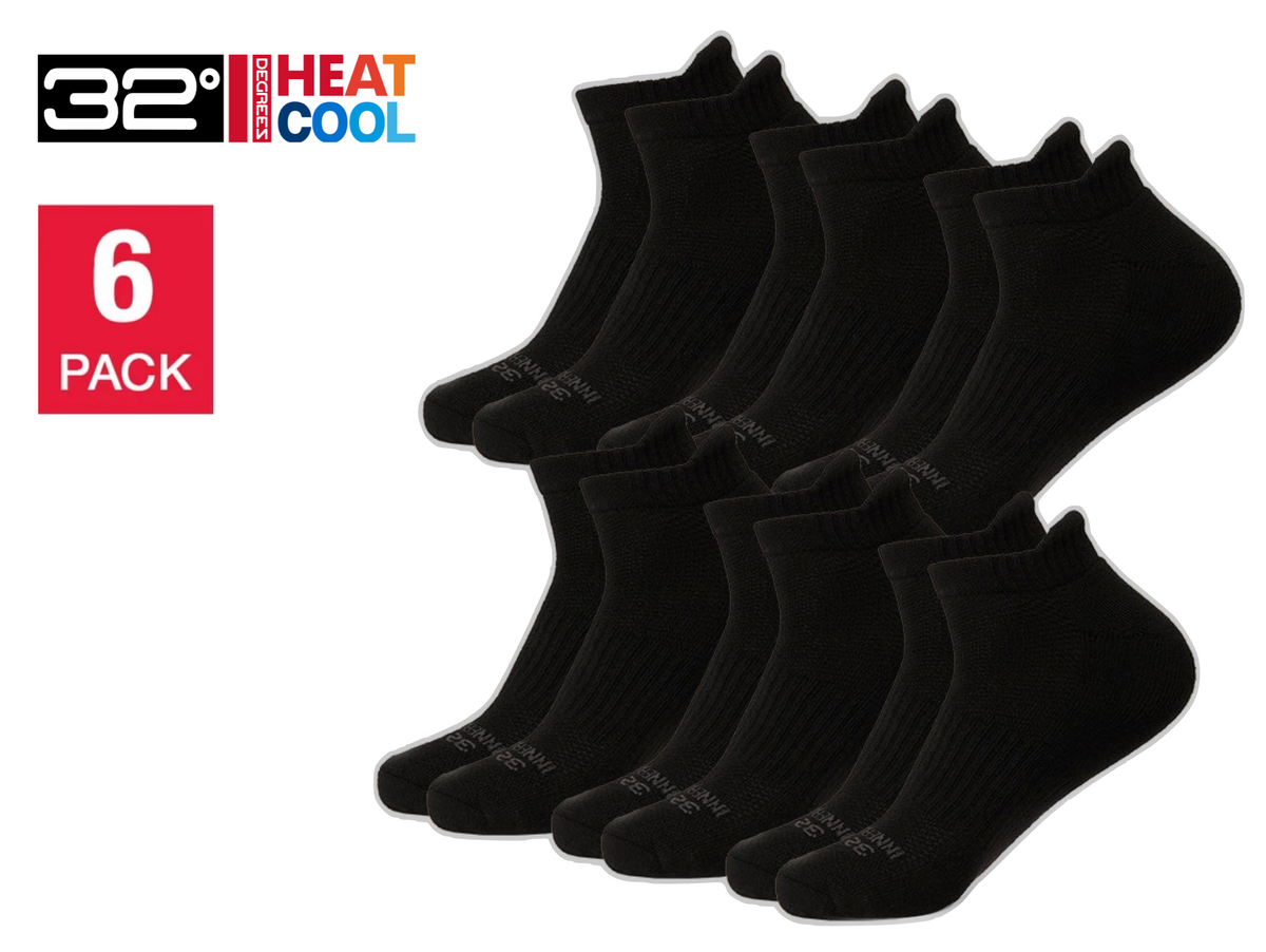 32 Degrees Men's,  Cool Comfort Ankle Running Socks, Black (6-Pack)