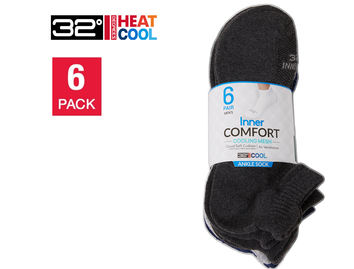 32 Degrees Men's,  Cool Comfort Ankle Running Socks, (6-Pack)