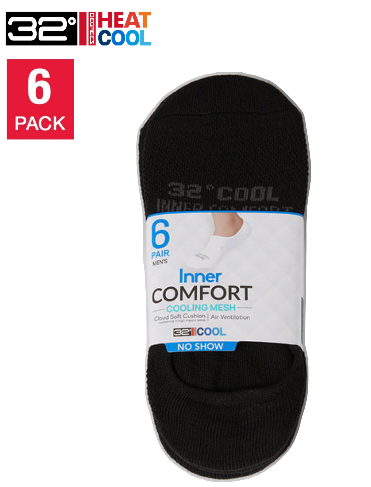 32 Degrees Men's Cool Comfort Socks, No Show, Grey/Black/Navy (6-Pack)