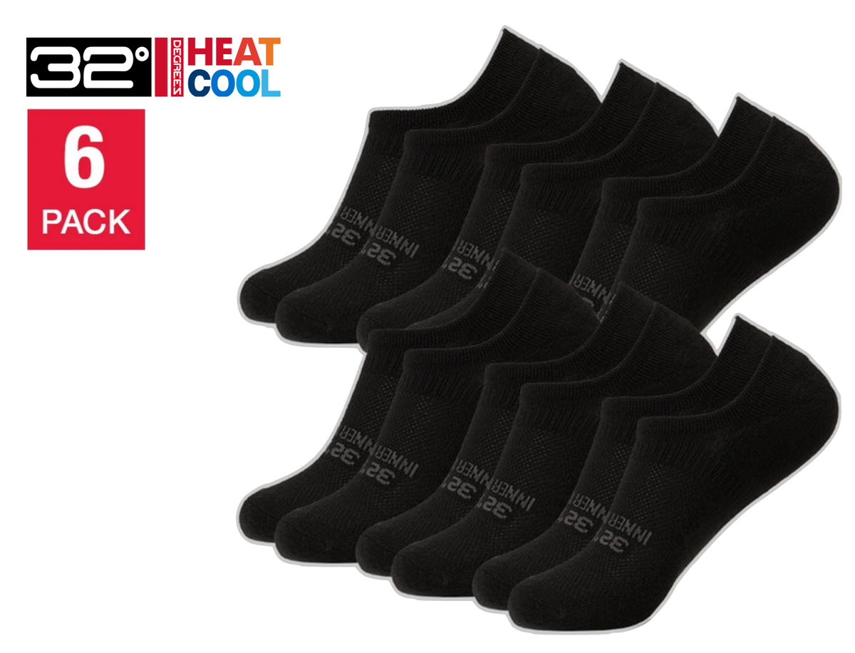 32 Degrees Men's Cool Comfort Socks, No Show, Black - (6-Pack)